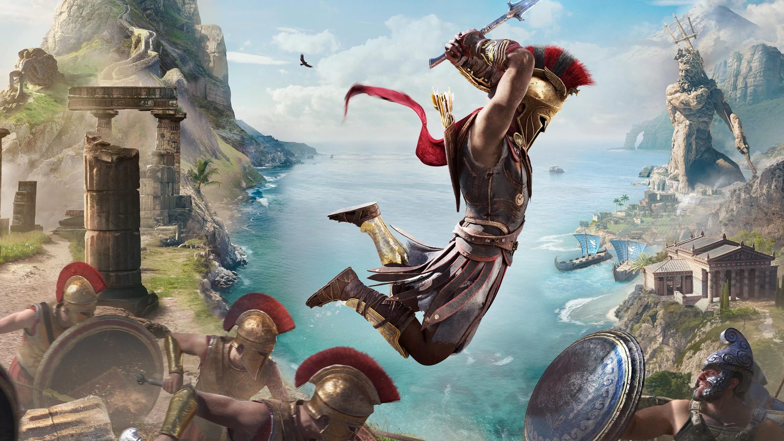 Protagonista de Assassin's Creed Odyssey salta em combate com ruínas gregas e um colosso ao fundo