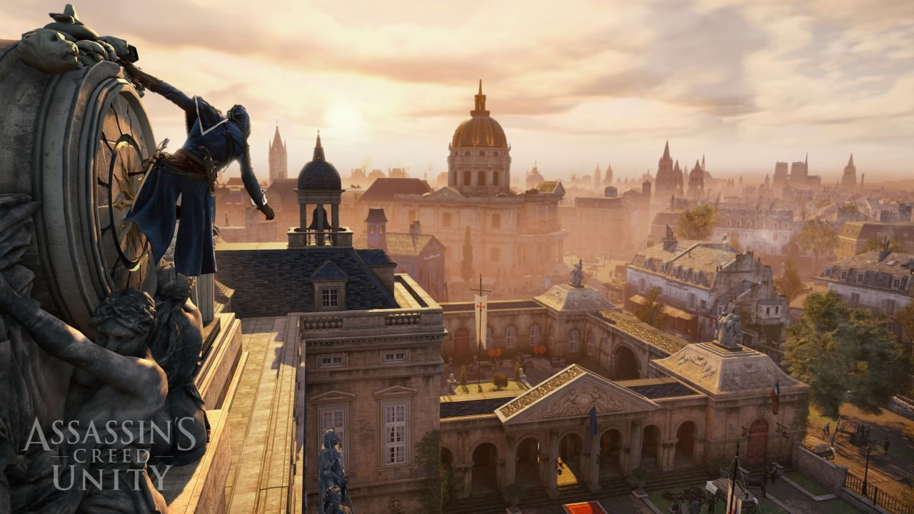 Vista dos telhados de Paris a partir de uma estátua em Assassin's Creed Unity