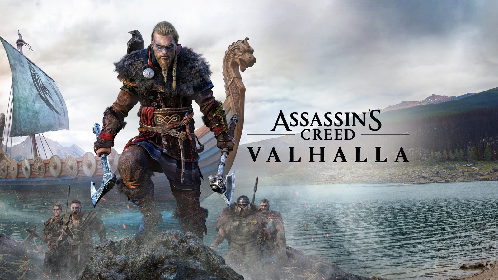 Protagonista viking empunhando machados às margens de um fiorde em Assassin's Creed Valhalla