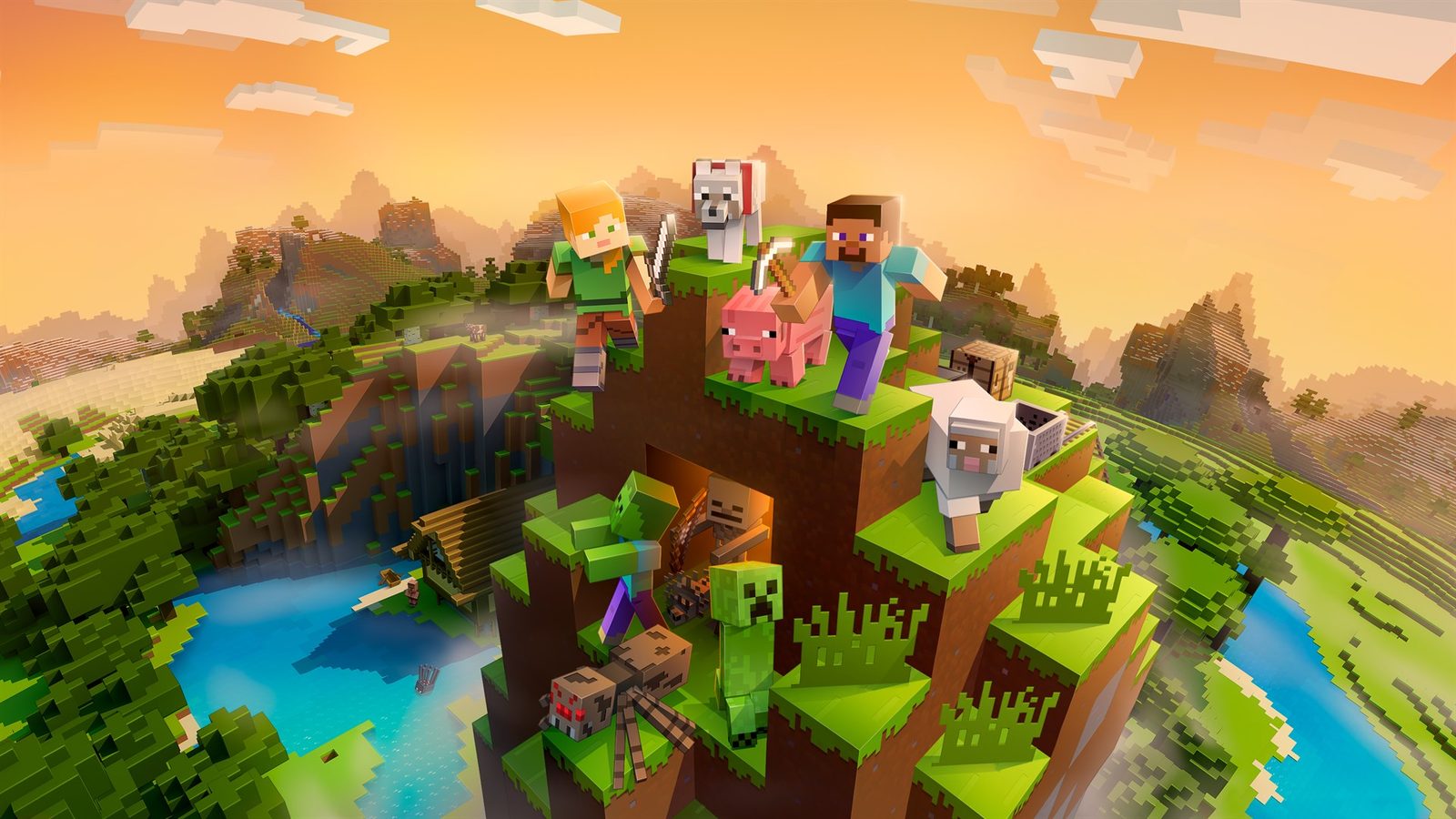 Personagens de Minecraft reunidos sobre um bioma com animais e uma construção